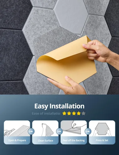 Miniatura 8 de Paneles Acústicos Hexagonales Autoadhesivos para Pared, Paquete de 12 Baldosas Absorbentes de Sonido para Paredes y Puertas, Panel Interior Negro