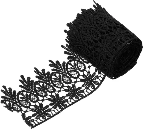 MECCANIXITY Cinta de encaje de 3 pulgadas de ancho, patrón floral, borde bordado negro, cintas de encaje para costura, manualidades, envoltura de