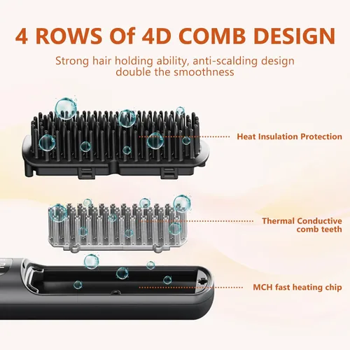 Miniatura 7 de Kawu Plancha eléctrica para el cabello, peine caliente portátil inalámbrico para viajes, de iones negativos de cerámica, mini peine alisador