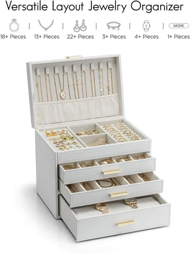 Miniatura 6 de Vlando Joyero grande de 4 capas Organizador de joyas, organizador de joyero para cajón, collar, anillo, pulsera y reloj, regalo de cumpleaños
