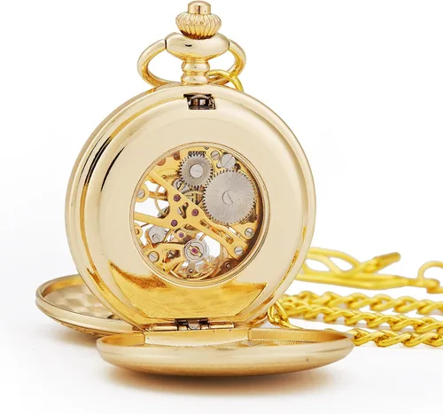 Miniatura 6 de TREEWETO Reloj de bolsillo para hombre antiguo, diseño de esqueleto mecánico, plateado, doble caja, números romanos de regalo para hombre