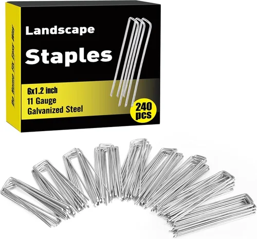 Paquete de 240 grapas de paisaje de 15 cm, estacas de jardín galvanizadas para carpas, estacas resistentes calibre 11, alfileres de tela de