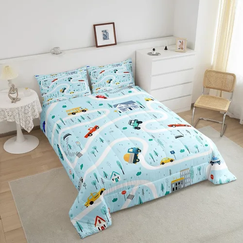 Miniatura 5 de Juego de edredón de caricaturas de autos para adolescentes, juego de ropa de cama de transporte urbano, ropa de cama para decoración del hogar