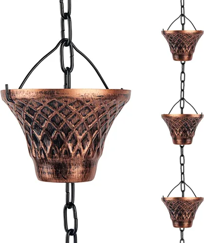 Cadenas de Lluvia Adorafur para Canalones Exteriores de 1.75m Cadena de Atrapache de Lluvia de Cobre con 12 Tazas Decorativas de Reemplazo para