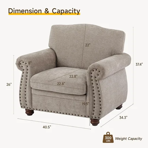 Miniatura 2 de ONBRILL Sillón con ribetes de tachuelas, silla decorativa con brazos curvos para sala de estar, cómoda silla de club de felpilla con cojines