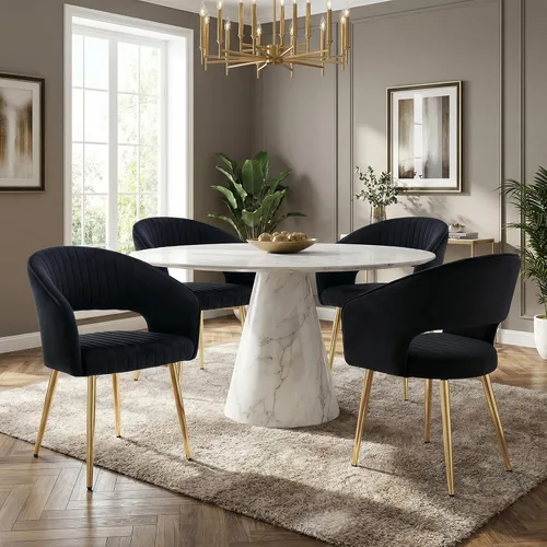 Miniatura 19 de Juego de 2 sillas de comedor modernas, tapizadas de piel sintética dorada con respaldo hueco, sillas de cocina con reposabrazos decorativos