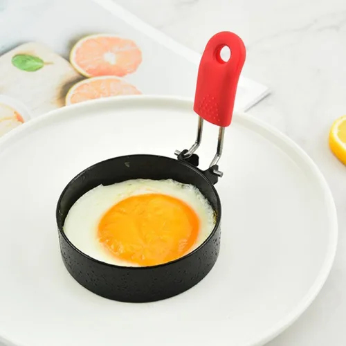Miniatura 10 de Anillo de huevo antiadherente de 3.5 pulgadas (rojo) con mango de silicona, molde de huevo para sándwiches de desayuno