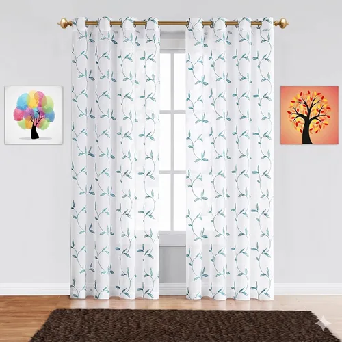 Miniatura 5 de Cortinas LinenZone de piso a techo para ventanas extra anchas. Cortinas transparentes blancas para divisores de habitación con bordado de hojas rosa