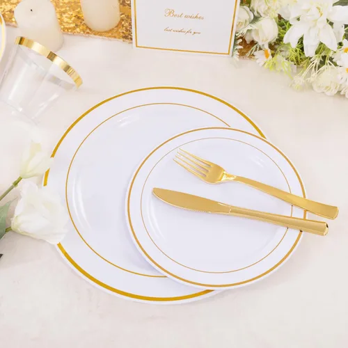 Miniatura 7 de DaYammi Juego de vajilla de plástico dorado de 350 piezas para 50 invitados, platos desechables elegantes para fiestas, incluye: 50 platos llanos