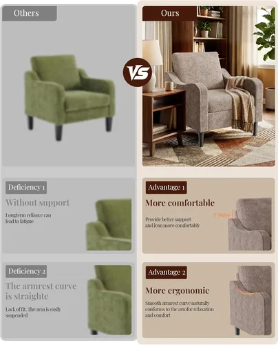 Miniatura 4 de LEVELEVE Silla con brazo Accent – marrón claro, silla de lectura cómoda tapizada para sala de estar, dormitorio, apartamento, sala de espera