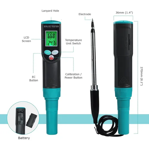 Miniatura 6 de Medidor digital EC de suelo 2 en 1 plantas porfesionales medidor de temperatura EC con sensor con cable, pantalla LCD retroiluminada, compensación