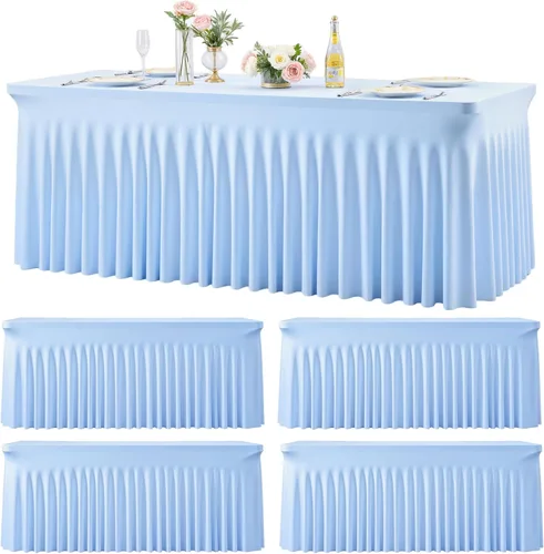 Miniatura 33 de Manteles de mesa de elastano azul bebé de 6 pies para mesas rectangulares, sin arrugas, rectangular, elástico, ajustable de 6 pies con falda