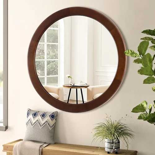 Miniatura 2 de CULER Espejo redondo de madera de 24 pulgadas, espejo circular con marco de nogal para pared, espejo de pared redondo decorativo rústico para baño
