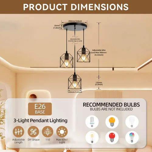 CANMEIJIA 3 lámparas colgantes de 3 luces, lámpara de isla de cocina estilo granja, iluminación colgante industrial para dormitorio y comedor,
