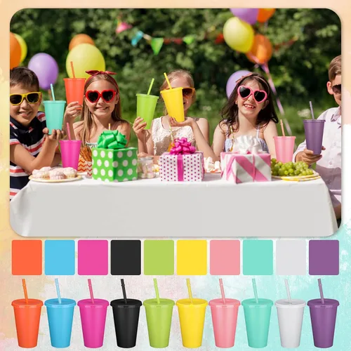 Miniatura 4 de Remerry 80 vasos de plástico a granel con tapas y pajillas, vasos reutilizables multicolor de 16 onzas con tapas y pajita, tazas de café