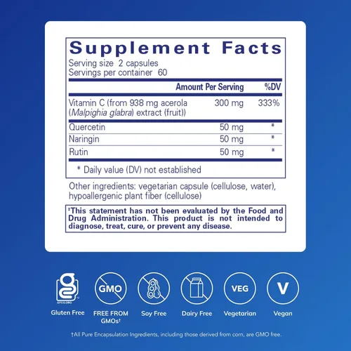 Miniatura 2 de Pure Encapsulations Acerola/Flavonoide Vitamina C y bioflavonoide a base de plantas sin maíz, 120 cápsulas*