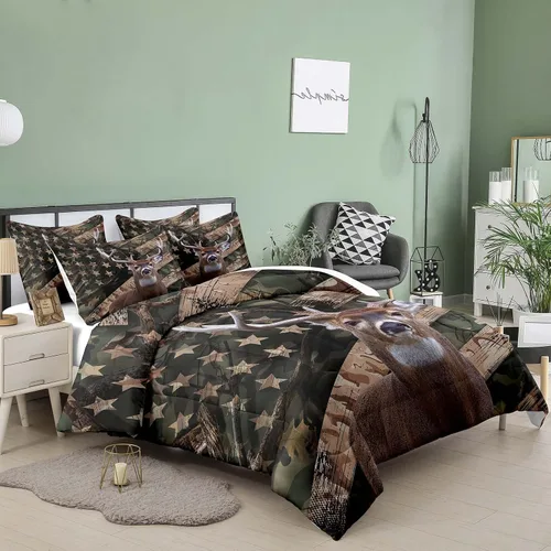 Miniatura 2 de NINENINE - Juego de edredón de ciervos camuflados - Tamaño individual, ropa de cama temática occidental de bosque con bandera americana para niños