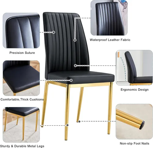 Miniatura 5 de Sillas de Metal Negro, Juego de 4 Sillas de Comedor Modernas con Cuero Sintético PU y Patas Cromadas de Alto Respaldo para Comedor, Cocina, Sala