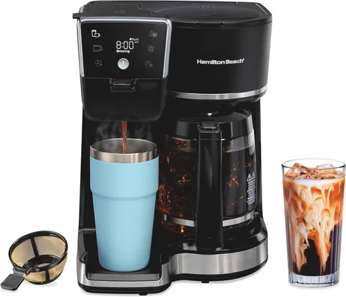 Hamilton Beach Cafetera programable de 2 vías para 12 tazas de café caliente y helado y cafetera de una sola porción, cabezal de ducha AquaFlow,