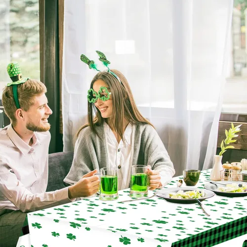 Miniatura 6 de Whaline 3 manteles desechables para el día de San Patricio, color verde y negro, a cuadros, trébol, trébol, rectangular, de plástico, mantel