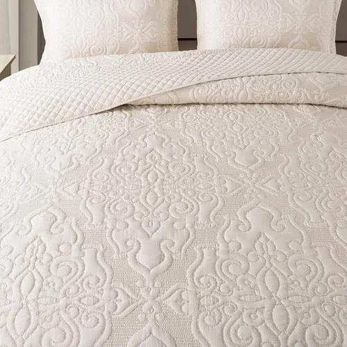 Miniatura 4 de NEWLAKE - Juego de cubrecama reversible de microfibra bordada con patrón floral en relieve en jacquard beige, tamaño queen