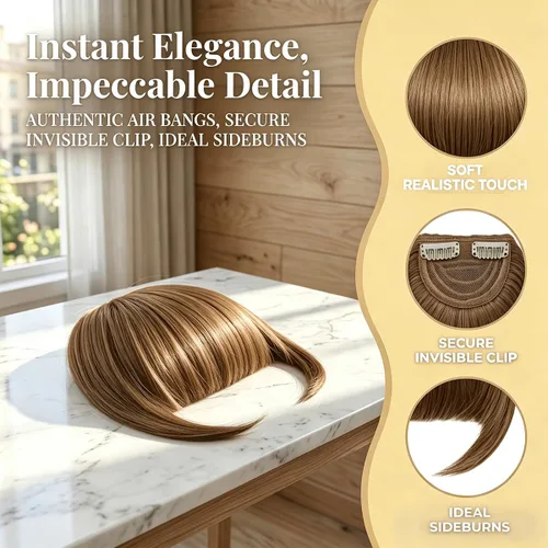 Miniatura 4 de Extensiones de cabello sintético con clip, flequillo francés, con sienes, color marrón ceniza, flequillo falso natural con clip para mujer, uso