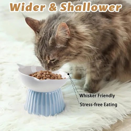 Miniatura 5 de Cuenco elevado de cerámica para gatos, tazón inclinado con elevación, anti-vómito, para gatos de interior, amigable con los bigotes, comedero