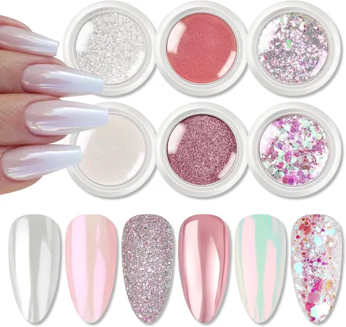 Born Pretty Polvo de Purpurina para Uñas, Cromado Rosa, Espejo Metálico, Holográfico, Aurora, Pigmento en Polvo, Juego de Decoración de Uñas, 6