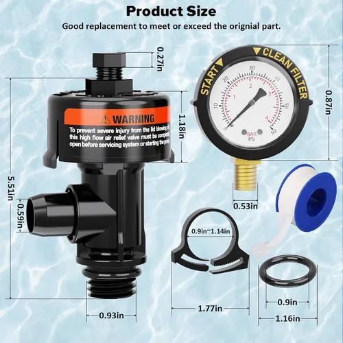 Miniatura 7 de Válvula de alivio de aire manual para filtros de piscina y spa, válvula de alivio de aire para filtro de piscina con manómetro de repuesto, válvula