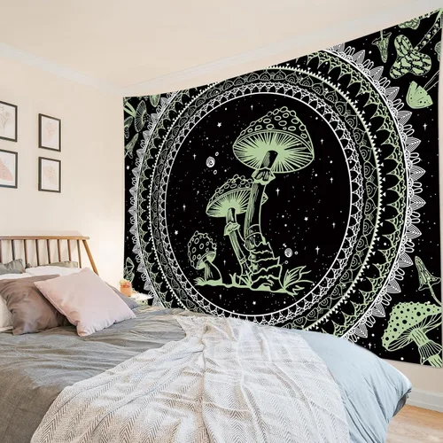 Miniatura 10 de SCECALA Tapiz bohemio de hongos, mandala blanco y negro para colgar en la pared para dormitorio, decoración bohemia del hogar, 60 x 40 pulgadas