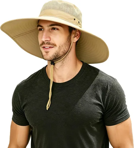 Miniatura 7 de Sombrero de ala súper ancha, protección UPF 50+, sombrero de pescador impermeable para pesca, senderismo, campamento, nailon transpirable y malla