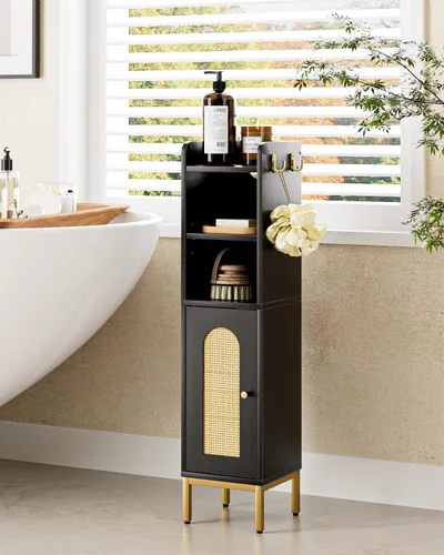 Miniatura 3 de Gabinete de Almacenamiento para Baño, Pequeño Mueble de Esquina de Piso con 2 Ganchos, Gabinete Estrecho para Papel Higiénico con Puerta de Ratán