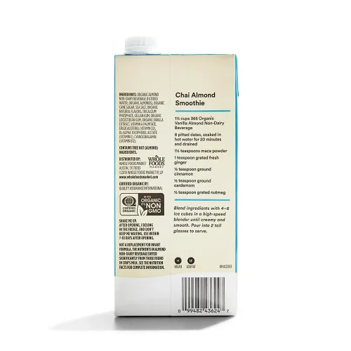Miniatura 5 de 365 by Whole Foods Market, Leche orgánica de almendras de vainilla, vegana, baja en grasa, 32 onzas líquidas
