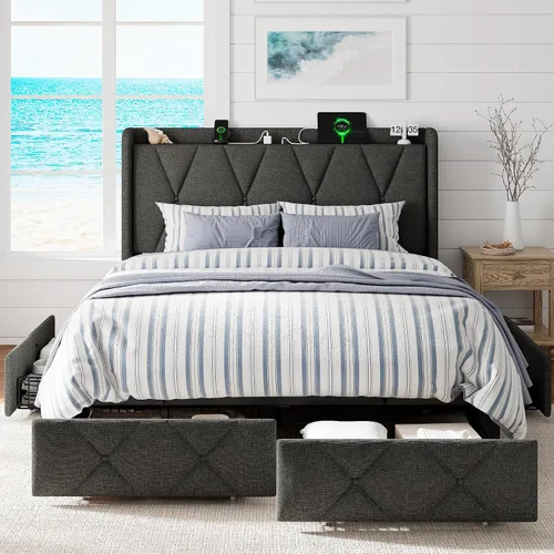 Miniatura 17 de GalnFu Base de cama de tamaño matrimonial con 4 cajones de almacenamiento, plataforma tapizada con estación de carga, moderna cabecera de Beige