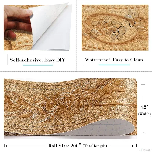 Miniatura 6 de 204 Borde de papel pintado despegar y pegar 3D decorativo moldeado floral 4.2''×16.4 pies Oro Rosa autoadhesivo para azulejos adhesivo de borde