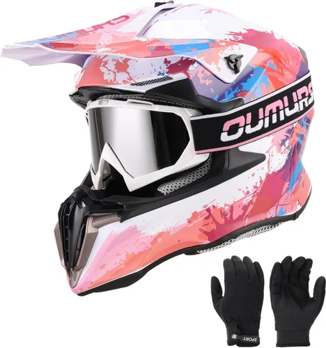 Dirt Bike Helmet for Kids with Goggles & Gloves for 8-18 Years Old Boys & Girls, DOT Certified Kid ATV Helmet Motocross Off Road Chapoteo rosa