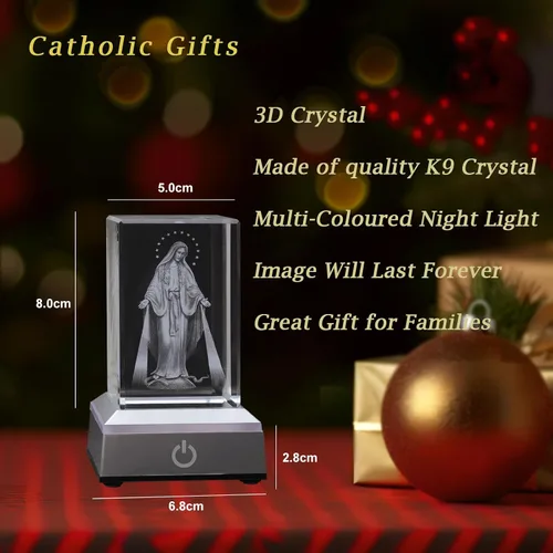 Miniatura 3 de KOMI Estatua de la Virgen María de cristal 3D con base de luz LED, estatuas de madre María grabadas con láser, regalos religiosos para mujeres
