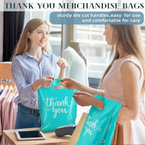 Miniatura 7 de Eersida 200 piezas de bolsas de plástico con asas para agradecimiento, bolsas de compras de plástico troqueladas al por mayor, 3 tamaños, paquete al