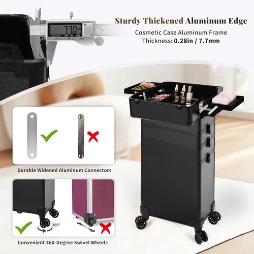 Miniatura 6 de Estuche Profesional de Maquillaje Enrollable con Tapa, Estuche de Cosmetología 5 en 1 con Ruedas, Organizador de Equipaje Cosmético Grande