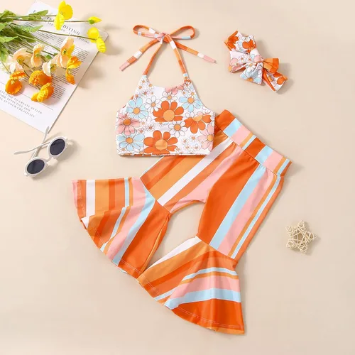 Miniatura 6 de Kupretty Conjunto de ropa de verano para bebé niña, pantalones acampanados para niños pequeños, conjunto de pantalones acampanados con estampado