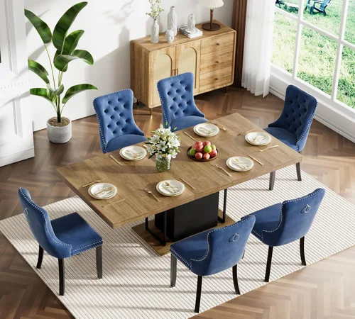 Miniatura 58 de Juego de mesa de comedor extensible marrón de 63 a 78.74 pulgadas para 4, juego de mesa de comedor de 5 piezas con 4 sillas, mesa de cocina