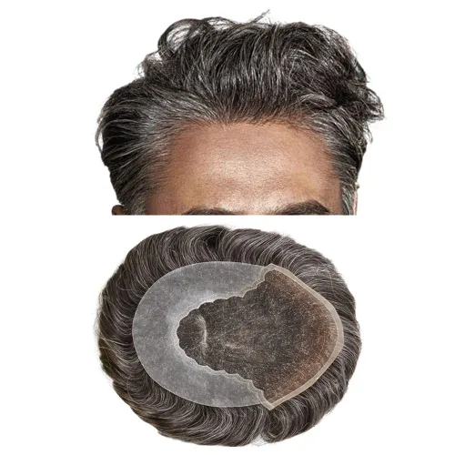 Miniatura 71 de Toupee para hombres pieza de pelo suave suizo encaje real sistema de cabello humano reemplazo blanqueado nudo mens tupé sistema de pelo para hombres