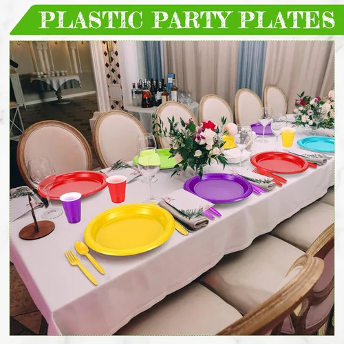 Miniatura 5 de Uiifan El juego de vajilla de plástico multicolor de 300 piezas incluye 50 platos llanos, 50 platos de aperitivo, 50 tazas, 50 cuchillos, 50