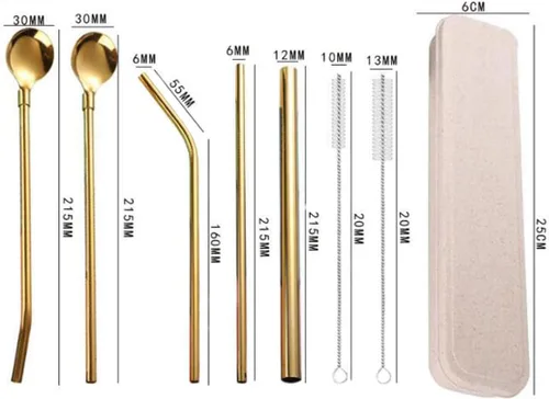 Miniatura 3 de Hoshen Juego de 7 cucharas de paja de acero inoxidable dorado, popote reutilizable de 8.5 pulgadas, con estuche de transporte