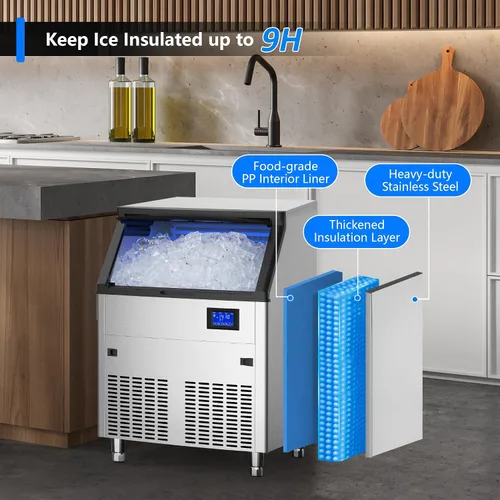 Miniatura 6 de Coolake Máquina comercial para hacer hielo de 450 libras/24 horas con almacenamiento de 130 libras, máquina de hielo de acero inoxidable debajo
