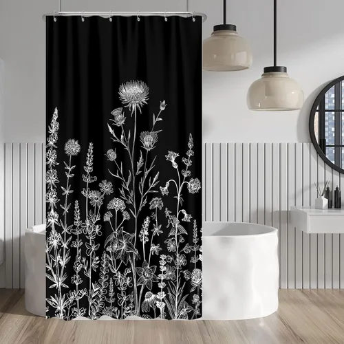 Miniatura 35 de Cortina de ducha de mariposa floral negra y dorada, cortina de ducha bohemia con diseño botánico de flores oscuras para baño con gancho, juego
