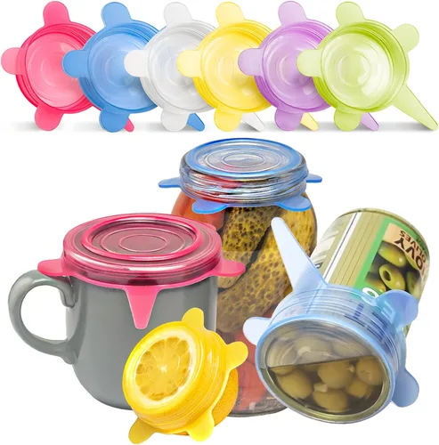 Orblue Tapas elásticas de silicona reutilizables, paquete de 6, pequeñas para almacenamiento de alimentos frescos, sella los sabores, mantiene los