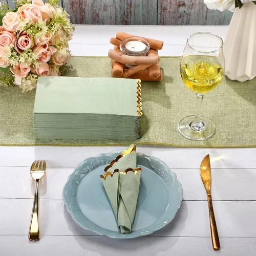 Miniatura 4 de Panelee 100 servilletas de papel verde salvia con borde festoneado dorado y bordes festoneados, toallas de mano desechables verdes para boda