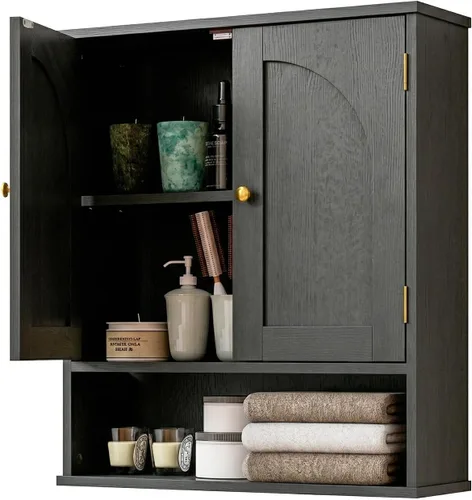 Miniatura 4 de Armario de medicina, gabinete de almacenamiento sobre el inodoro, armario de pared de baño con puertas arqueadas y estantes ajustables, gabinete