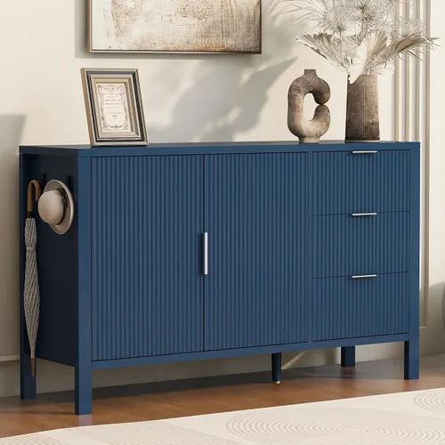 Miniatura 33 de Virubi Armario de buffet acanalado de 63 pulgadas con almacenamiento, puertas y estantes ajustables, mesa consola curva de madera con Azul marino